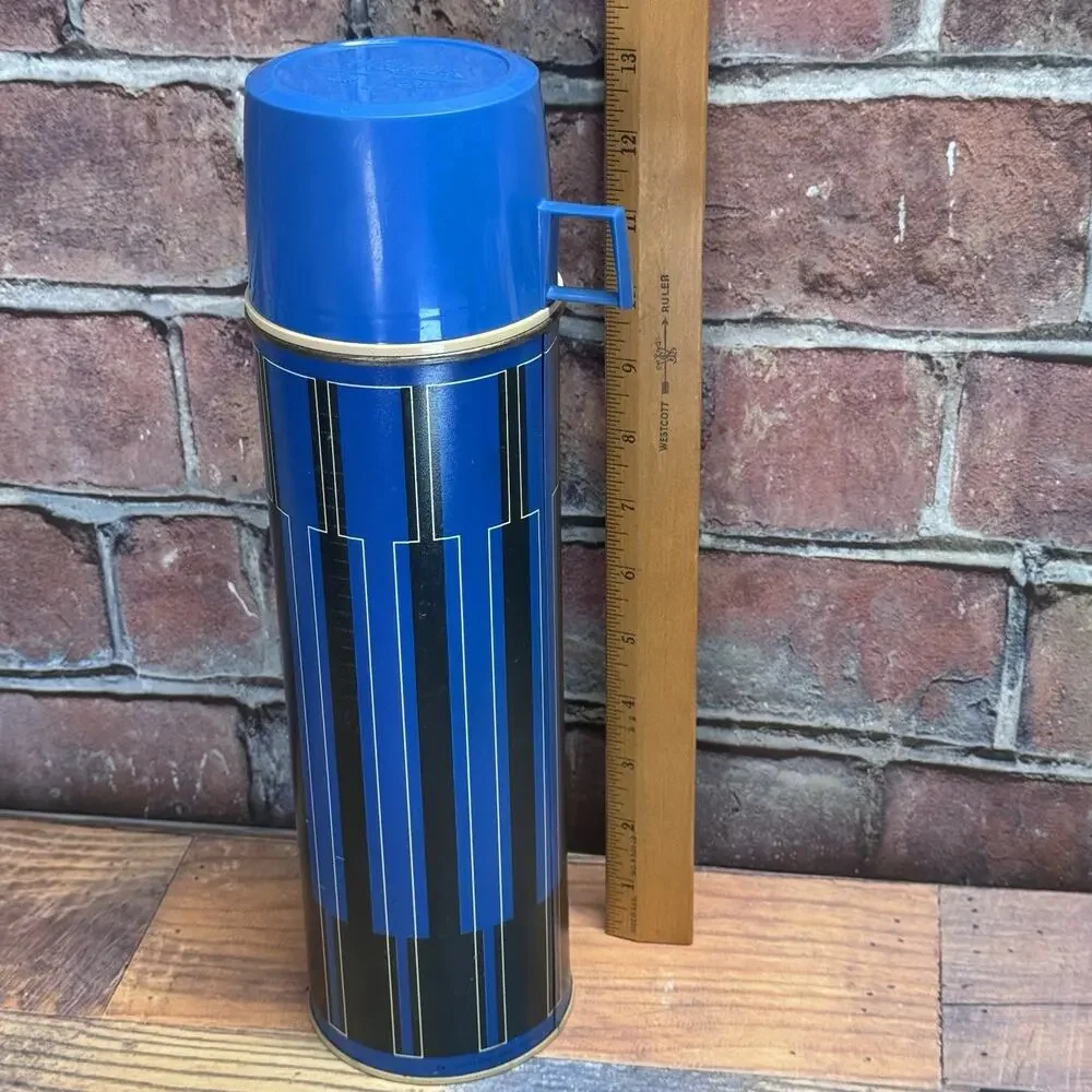Vintage 70s King Seeley Thermos Blue and Black Hot Cold Vacuum‎ Bottle Cup PROP